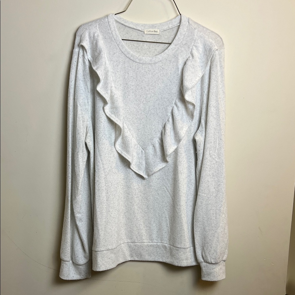 Cotton Bleu ruffled sweater grey tone, soft size XL so soft!
